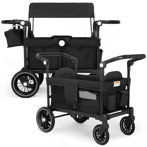 Miniatura 8 de TODEFULL Cochecito Wagon para 2 niños, carrito plegable para niños con arneses, mango doble ajustable de empuje, toldo extraíble, bandeja para Gris