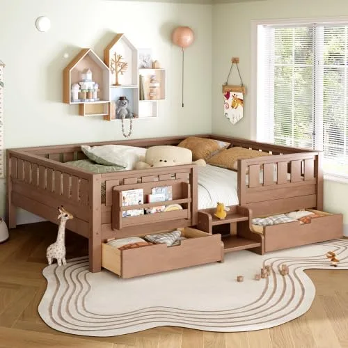 Miniatura 23 de Bellemave Cama Montessori de tamaño Queen con 2 cajones y estantería, camas de suelo para niños con barandillas de seguridad y escaleras, marco