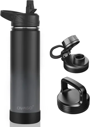 Miniatura 15 de CIVAGO Botella de agua aislada de 22 onzas con pajita, frasco de agua deportiva de acero inoxidable con 3 tapas