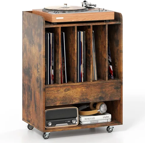 Miniatura 12 de Giantex Soporte para tocadiscos, soporte giratorio con cajón, gancho y ruedas con bloqueo, estante de exhibición de discos de vinilo con capacidad