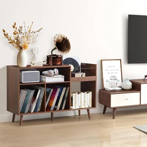 Miniatura 7 de RARZOE Soporte grande para tocadiscos, soporte de exhibición de discos de vinilo de mediados de siglo, soporte para tocadiscos con almacenamiento