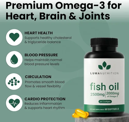 Miniatura 2 de Luma Nutrition Suplemento de Aceite de Pescado Omega 3 - Fuerza Extra 2500mg - 2000mg EPA y DHA - Salud del Cerebro y del Corazón - 60 Softgels
