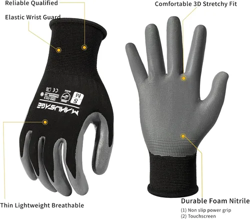 Miniatura 2 de MANUSAGE Guantes de trabajo de seguridad de nitrilo para hombres y mujeres, con dedos para pantalla táctil, guantes de trabajo para hombre con Negro
