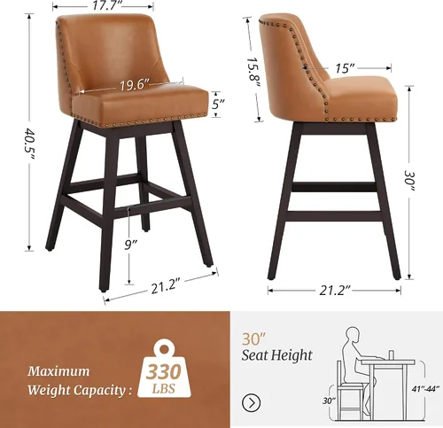 Miniatura 2 de Cozyman Taburetes de bar de 30 pulgadas, taburetes giratorios de color marrón amarillento con respaldo, taburetes de bar tapizados de piel