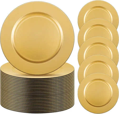 Miniatura 20 de Tanlade 50 Platos Base Plateados al Por Mayor, Plato Base Redondo de Plástico de 13", Platos Base Brillantes Plateados para Mesa, Platos de Servicio