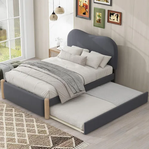 Miniatura 21 de SOFTSEA Cama de plataforma de tamaño matrimonial con nido, cama matrimonial tapizada con cabecero curvado para niños, adolescentes, invitados, tela