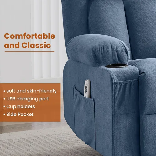 Miniatura 5 de Silla reclinable giratoria con masaje por vibración y calor, reclinable de 150° y balanceo suave, capacidad de 350 libras con bolsillo lateral