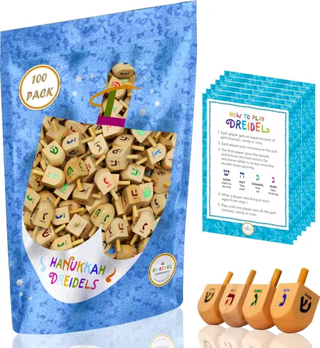 Miniatura 6 de Paquete de 10 Dreidels Hanukkah Draydel de madera natural con tarjetas de transliteración e instrucciones en inglés