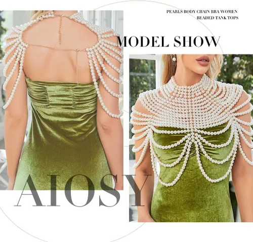 Miniatura 3 de Collar de chal de cadena de cuerpo de perlas, sujetador de perlas, cadena de hombro con cuentas sin espalda, cadenas en el pecho, traje rave