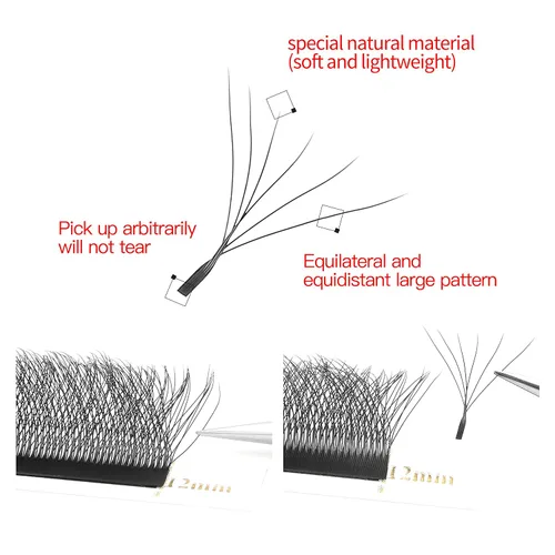 Miniatura 4 de Extensiones de pestañas falsas 6D con volumen, abanico prefabricado, rizado 0.07 D, mezcla de 8-15mm, pestañas mate negras en forma de W