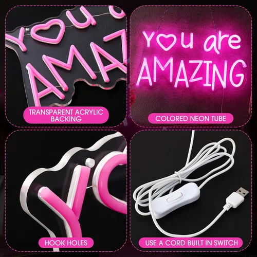Miniatura 3 de Retisee Letrero de luz LED de neón rosa con texto en inglés "You Are Amazing ", regulable para habitación de niñas, dormitorio, bar, bar, club
