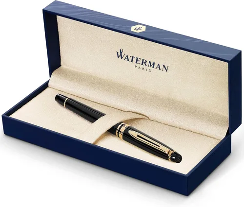 Waterman bolígrafo de lujo para expertos color azul con recarga negra fina 1904592, Negro y Dorado Negro | Borde de oro de 23 k