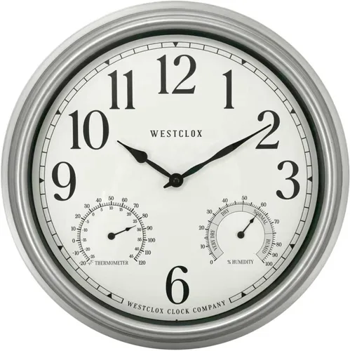 Miniatura 10 de Westclox Reloj de pared para interiores y exteriores con medidores de temperatura y humedad, resistente a la intemperie, precisión de cuarzo, Plata
