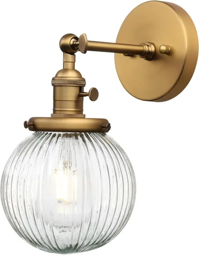PERMO Aplique de pared industrial vintage con accesorio de iluminación con mini pantalla de vidrio acanalado redonda transparente de 5.9 pulgadas