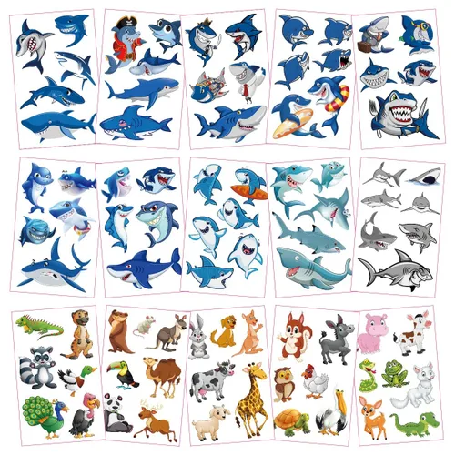 Miniatura 2 de 30 hojas (210 piezas) animales, tiburón, autos, tatuajes temporales impermeables para niños, tatuajes de estilos mixtos de dibujos animados