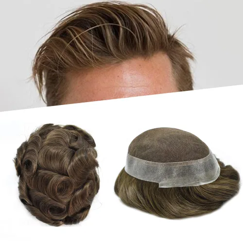 Miniatura 29 de Toupee para hombres Piezas de pelo suizo encaje Real Cabello humano sistema de reemplazo para hombres Toupee Protesis Capilar Para Hombre 7x9