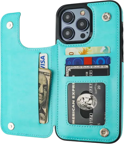 ONETOP Compatible con iPhone 15 Pro Max Funda Cartera con Portador de Tarjetas, Funda de Cuero PU con Soporte Plegable y Ranuras para Tarjetas, Azul