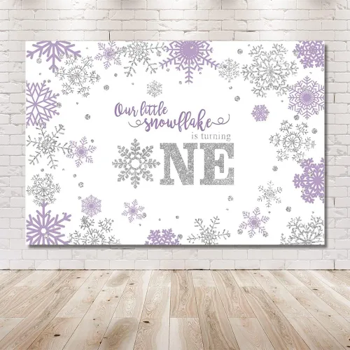 Miniatura 6 de MEHOFOND Telón de fondo de invierno de 7 x 5 pies, diseño de copos de nieve para niñas, feliz primer cumpleaños, fondo de fotografía, morado, Púrpura