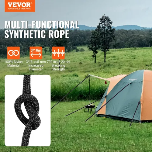 Miniatura 2 de VEVOR Cuerda de nailon trenzada, 3/16 pulgadas x 250 pies, 32 hebras, 720 LBS de resistencia a la rotura para exteriores, aparejo de árbol arborista