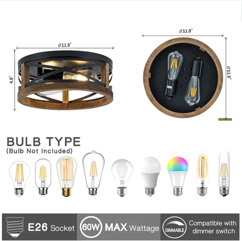 Miniatura 6 de Lámpara de Techo Estilo Granja, Lámpara de Techo Empotrada Redonda de 2 Luces con Marco de Madera y Metal, Luminaria Rústica Negra para Pasillo