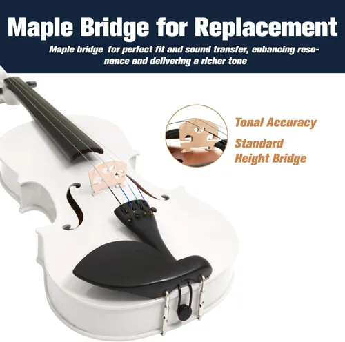 Miniatura 7 de Violín Mendini de madera sólida, libro de lecciones, cuerdas extra, sintonizador violín, arco y estuche, Blanco