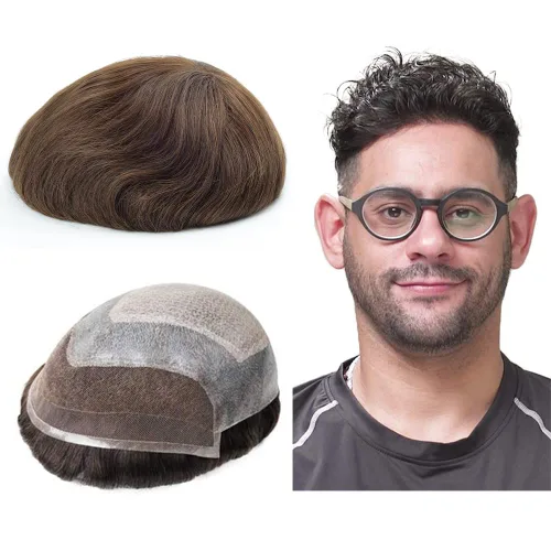 Miniatura 12 de Lordhair Tupé frontal de encaje francés para hombres 0.004 in inyectado piezas de pelo de piel fina unidas con sistema de cabello de encaje