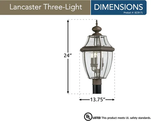 Miniatura 2 de Generation Lighting 8239-71 Lancaster Tradicional de tres luces para exteriores con poste de luz exterior, acabado de bronce antiguo, 1 luz, listado