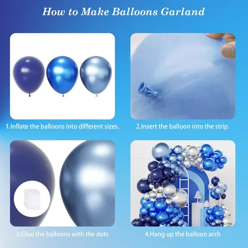 Miniatura 4 de Kit de arco de globos azules y plateados, 129 globos azul marino metálico de diferentes tamaños para decoraciones de fiestas de cumpleaños