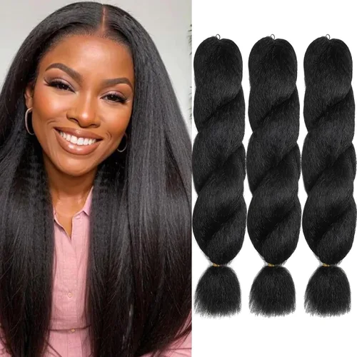 Miniatura 9 de Extensiones de cabello rizado rizado de 22 pulgadas con ganchillo de zorra - Fibras sintéticas Yaki de alta calidad negro natural para mujeres 1B-22