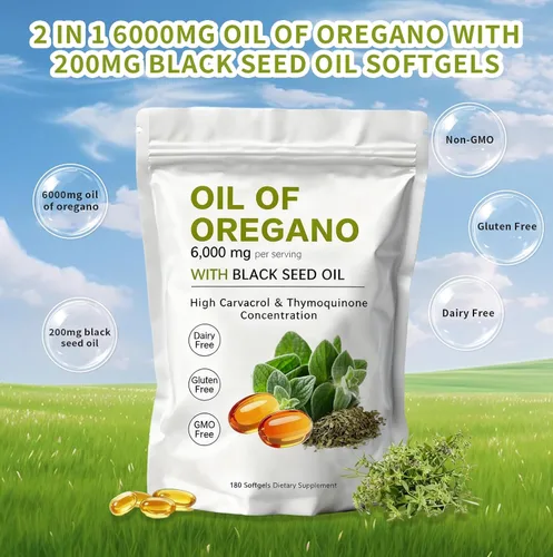 Miniatura 4 de Cápsulas blandas de aceite de orégano – Aceite de orégano con aceite de semilla negra de 6000 mg Aceite de orégano 2 en 1 Sin OMG – Sin gluten