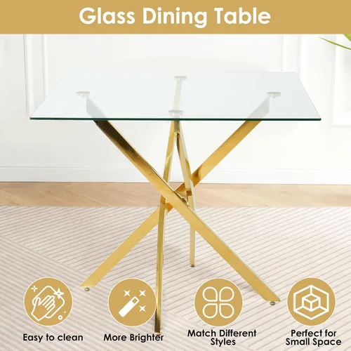 Miniatura 6 de RGZ Juego de mesa de cocina cuadrada minimalista moderna de 3 piezas, mesa de comedor de vidrio transparente con sillas tejidas negras, juego de 2
