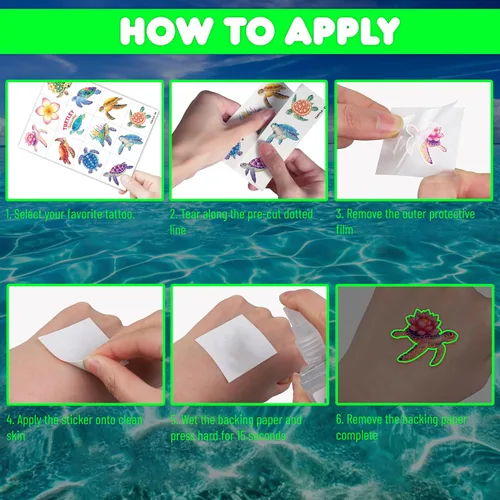 Miniatura 8 de 96 tatuajes temporales precortados de tortugas luminosas que brillan en la oscuridad para niños Suministros de decoración súper lindos