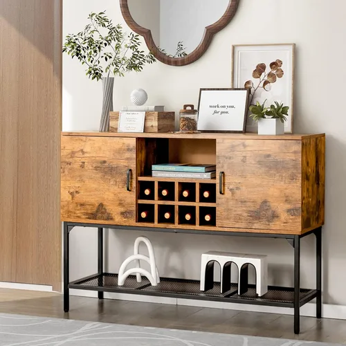 Miniatura 2 de Giantex Armario industrial para vino, aparador de bufé, armario de cocina independiente, estante de malla, armarios de 2 puertas, mesa consola