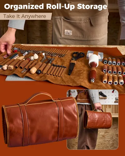 Miniatura 8 de SakerNeo Herramientas de trabajo de cuero, 101 piezas de acero inoxidable y mango de madera, kit de costura con cinceles de costura de 0.157 in