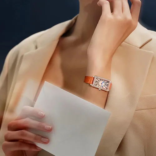 Miniatura 4 de Reloj rectangular de oro rosa para mujer con bisel de piedra blanca y esfera naranja, marcadores numéricos irregulares de hora, reloj de pulsera