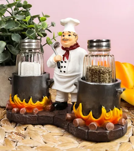Miniatura 6 de Ebros Bouillon - Jean de chef francés con caldero doble llameante, salero y pimentero, figurita para cocina, mesa de comedor, anfitrión, accesorios
