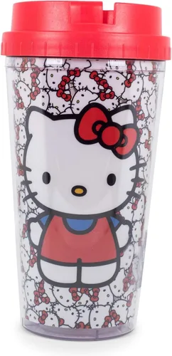 Silver Buffalo Sanrio Hello Kitty Patrón Vaso de Viaje de Doble Pared con Tapa de Cierre Deslizante, 20 Onzas, 16oz Caras por Todas Partes, 1 Unidad