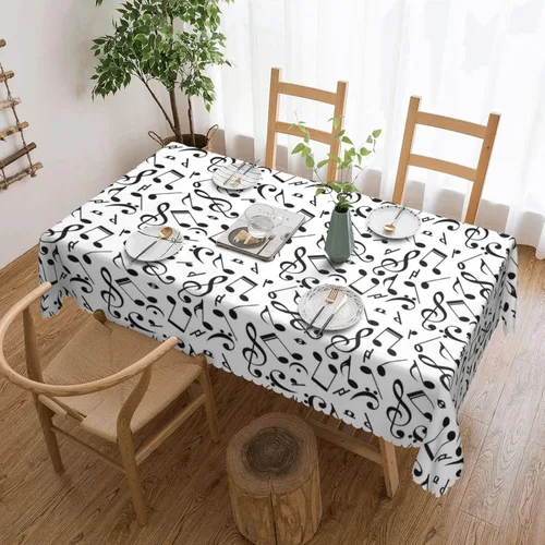 Miniatura 2 de Mantel rectangular con temática musical, notas musicales, 54 x 72 pulgadas, borde de encaje ondulado, mantel de poliéster para comedor, cocina