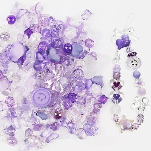 120 piezas de cuentas de acrílico moradas surtidas - Cuentas redondas lindas en forma de flor, corazón, mariposa, pastel, de plástico - A granel