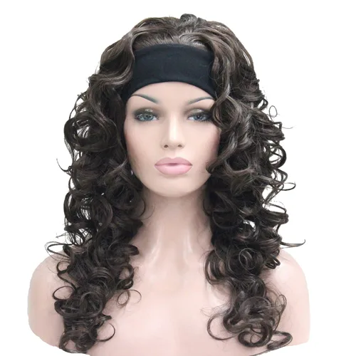 Miniatura 9 de Wiginway 18 pulgadas largo rizado ondulado peluca resistente al calor fibra sintética con diadema negro moda natural para las mujeres negro Jet