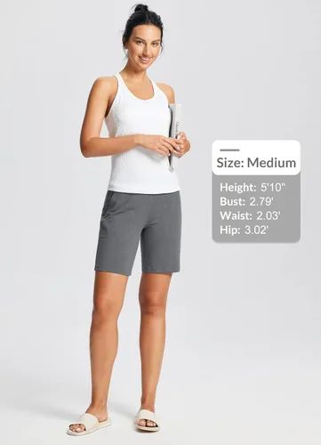 Miniatura 5 de BALEAF Bermudas de 8 pulgadas para mujer, pantalones cortos deportivos largos de algodón, con control de abdomen, estilo casual, para descansar