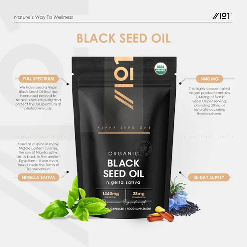 Miniatura 2 de ALPHA01 Cápsulas de aceite de semilla negra orgánica 1440 mg - 4 x % timoquenina - 60 unidades - Nigella sativa etíope - 100% prensado en frío