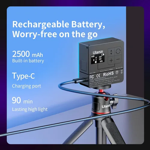 Miniatura 3 de ULANZI VL49 Pro RGB Video Light, mini cámara LED recargable 360° a todo color portátil, 2500-9000K lámpara de panel LED regulable con pantalla LCD