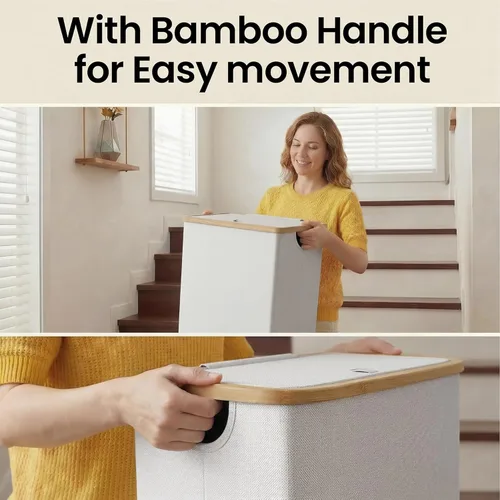 Miniatura 3 de efluky Cesta de lavandería con tapa y bolsa extraíble, cesta de lavandería de 100 litros de alto con asas de bambú, papelera estética para ropa Gris