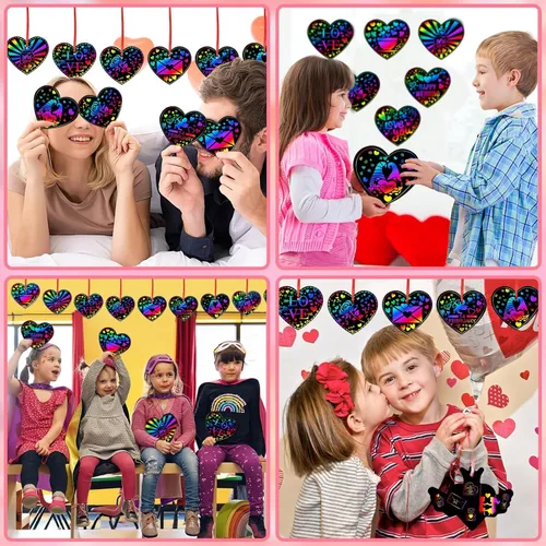 Miniatura 6 de JULMELON Manualidades de San Valentín para niños, 48 piezas de tarjetas de San Valentín para niños, arte de rascar en forma de corazón, arco iris