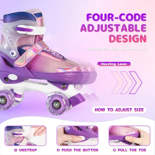 Miniatura 2 de Rainbow Roller Skates for Girls Kids, Gradient Pink Purple 4 Size Adjustable Quad Skates Size XS S, M, L Ages 3-12 with All Light Up Wheels for Kids