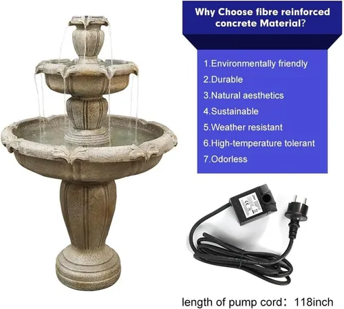 Miniatura 4 de Fuente de agua de piso al aire libre de 48" de alto, fuente de agua de hormigón de 3 niveles con bomba eléctrica sumergible - Cascada en cascada