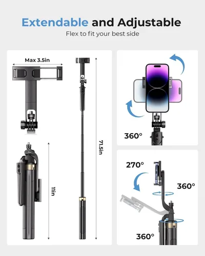 Miniatura 4 de Trípode de teléfono de 72 pulgadas, trípode para iPhone con control remoto inalámbrico, palo selfie portátil para iPhone, transmisión en vivo, Negro
