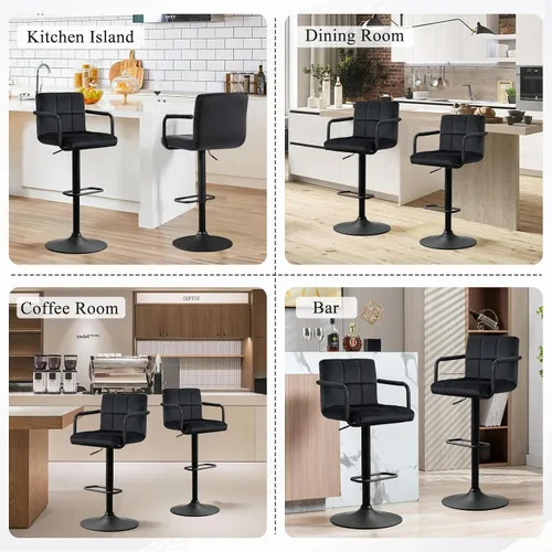 Miniatura 9 de Furniliving Taburetes de bar ajustables con respaldo, juego de 2 taburetes de bar negros, taburetes de bar de terciopelo con giro de 360°, taburetes