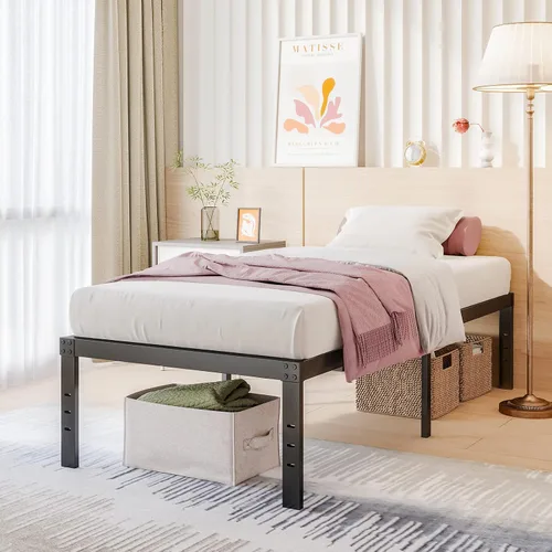 Miniatura 7 de Base de cama alta de 18 pulgadas, tamaño individual, marcos de cama de metal resistentes en negro, no necesita somier, fácil montaje, almacenamiento